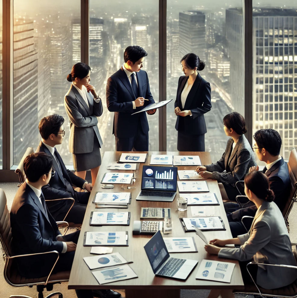 기업 임원들이 재정 정책과 세무 관련 사항을 논의하는 모습