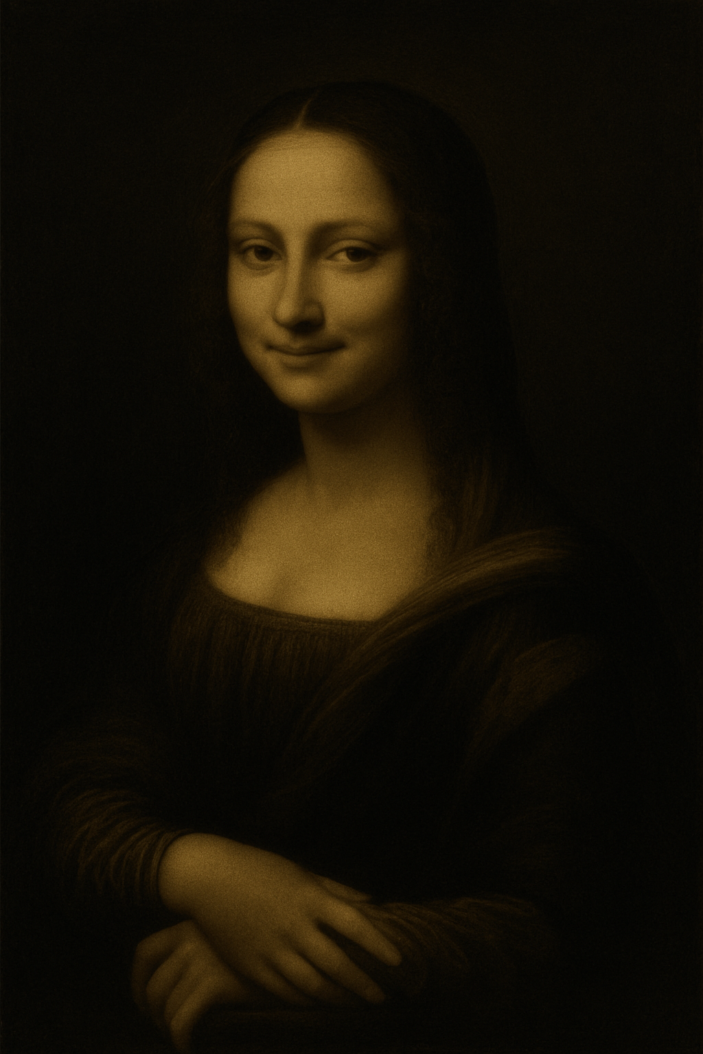 어두운 배경의 신비로운 미소를 짓는 여성, 다빈치 르네상스 스타일, 정교한 명암법