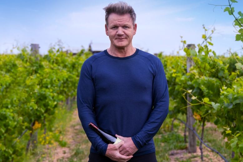 포도 농장에서 자신의 브랜드 와인을 들고 서 있는 모습