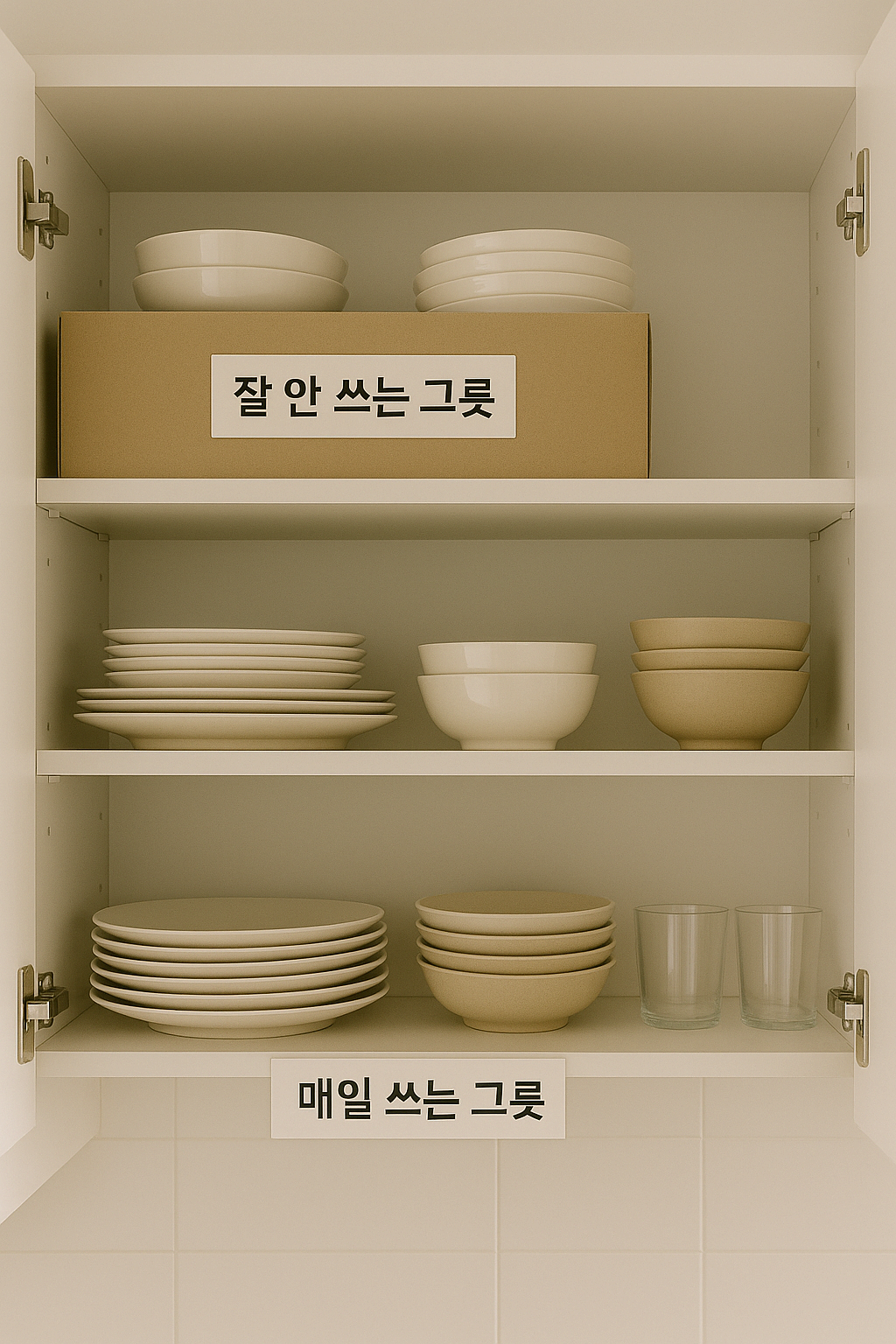 상단장에 잘 안 쓰는 그릇을 보관하고 하단에 자주 쓰는 그릇을 정리한 모습