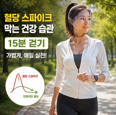 혈당 스파이크 증상을 막기 위해 가볍게 15분 걷기를 실천하는 모습