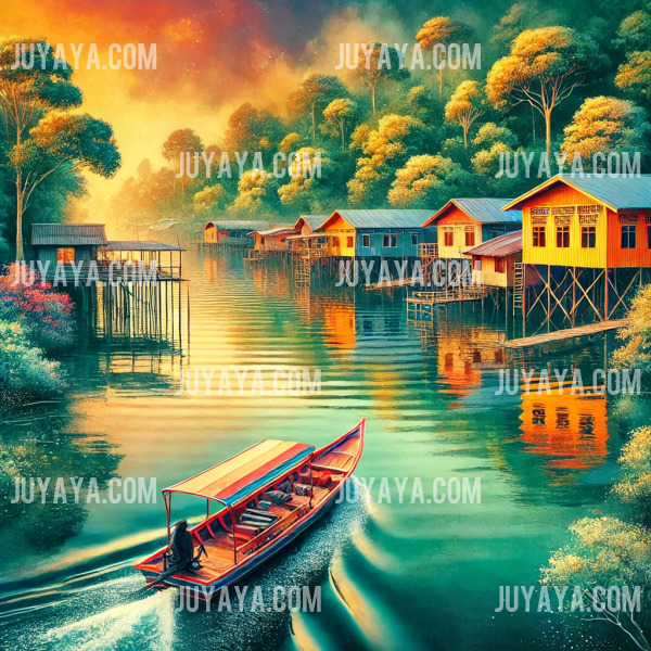 물 위 마을 캄퐁 아예르에서의 보트 투어 장면