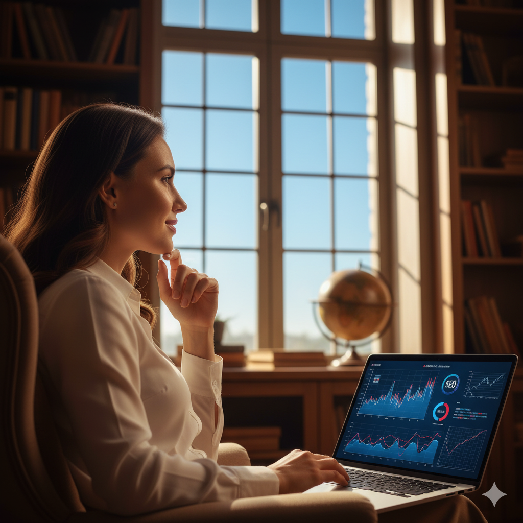 노트북 화면의 Bing SEO 오류 경고를 보고 차분하게 선택을 고심하는 여성