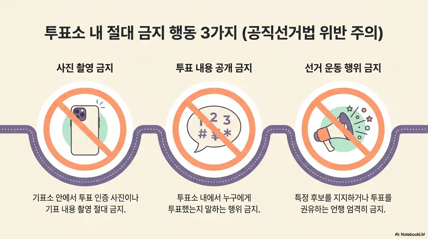 투표소 내 공직선거법 위반 절대 금지 행동 3가지 - 기표소 내 사진 촬영 금지, 투표 내용 공개 금지, 특정 후보 지지&middot;투표 권유 등 선거 운동 행위 금지