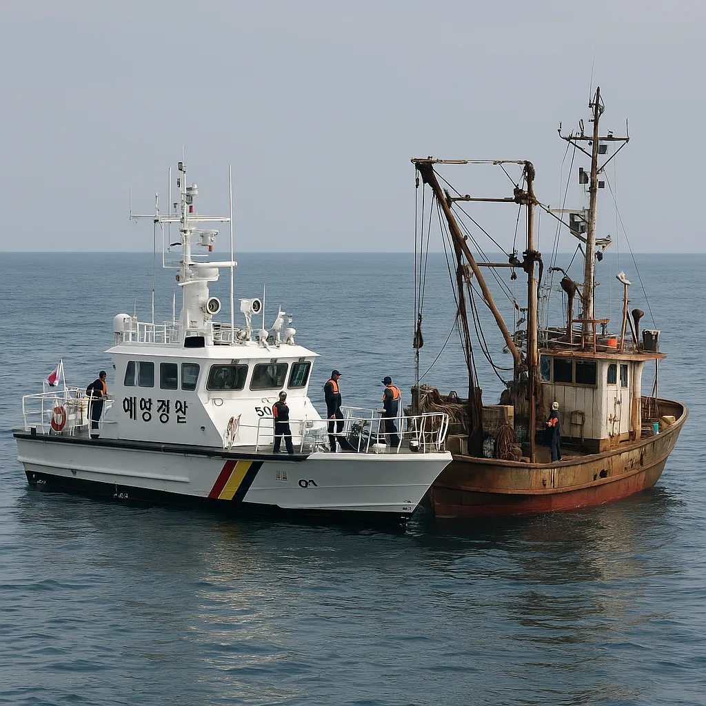 해양경찰이 대게 어선을 바다 위에서 단속하는 장면