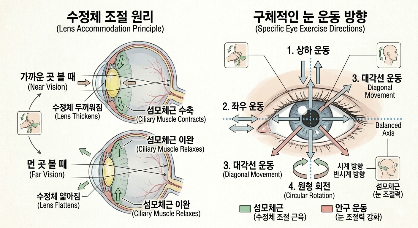 - 수정체 조절 원리: 왼쪽의 눈 단면도를 보시면, 초점을 맞추기 위해 수정체(투명한 옐로우)와 섬모체근(연한 그린)이 어떻게 수축(가까운 곳)하고 이완(먼 곳)하는지 확인할 수 있다.
- 구체적인 눈 운동 방향: 오른쪽의 눈 클로즈업도를 보시면, 눈동자를 상하, 좌우, 대각선, 그리고 원형(시계/반시계 방향)으로 움직이는 8가지 안구 운동 방향을 화살표와 기호로 직관적으로 확인할 수 있다.
이미지 출처: Gemini AI 생성