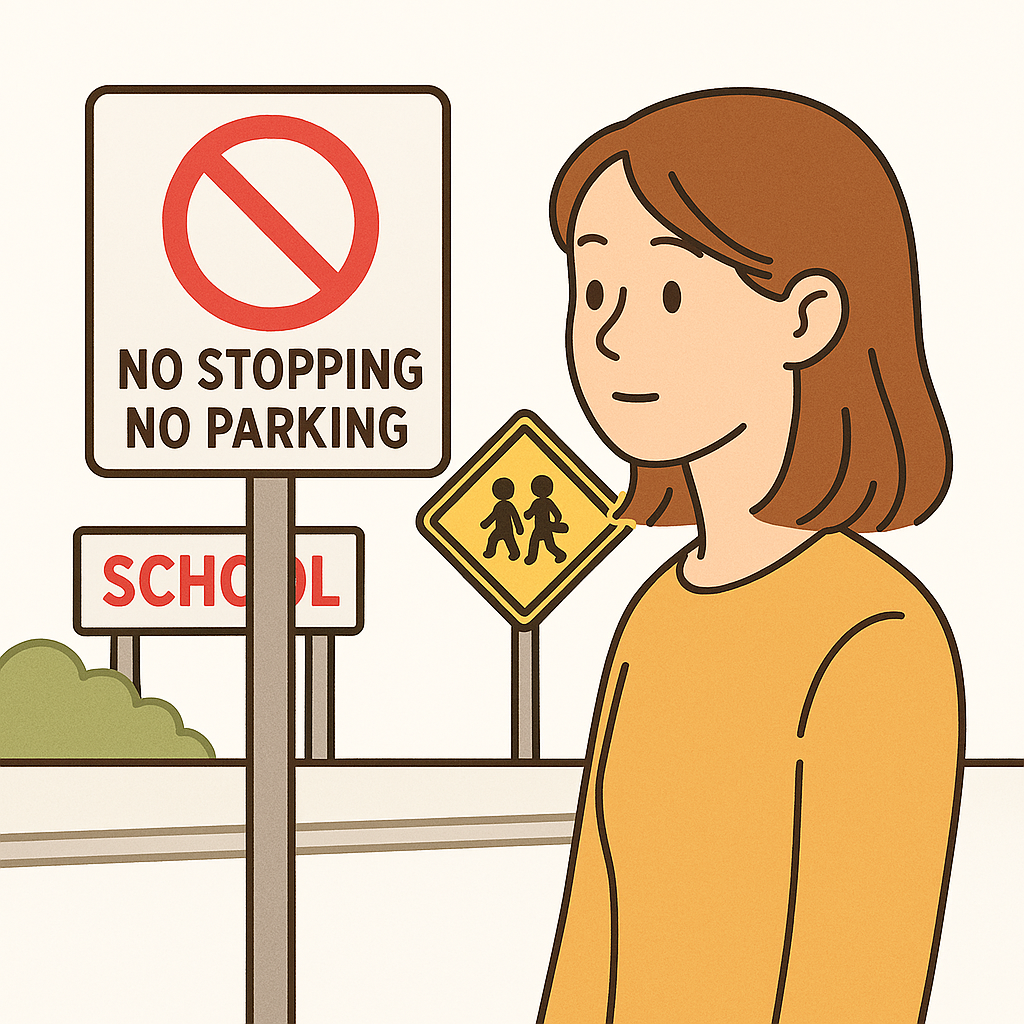 학교앞 주정차금지 표지판을 보는 여성 이미지