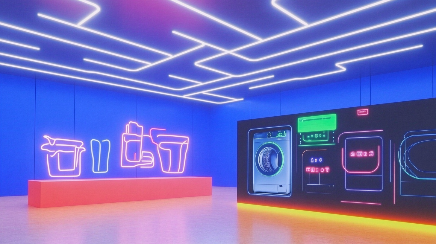 최신 삼성 AI 세탁기가 첨단 미니멀리즘 세탁실에 배치되어 있으며, 반짝이는 디지털 디스플레이에 AI 설정이 표시되어 있는 모습입니다.