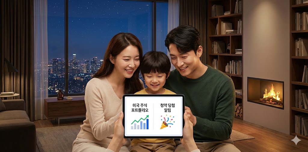 평온한 저녁, 서재에서 가족과 함께 계좌와 청약 당첨 알림을 보며 미소 짓는 가장의 모습. 창밖은 평화로운 도시의 야경
