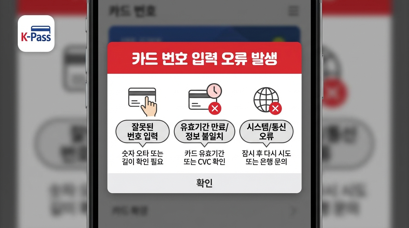 K-패스 앱에서 카드 번호를 입력할 때 발생하는 유효성 검사 오류 상황 설명