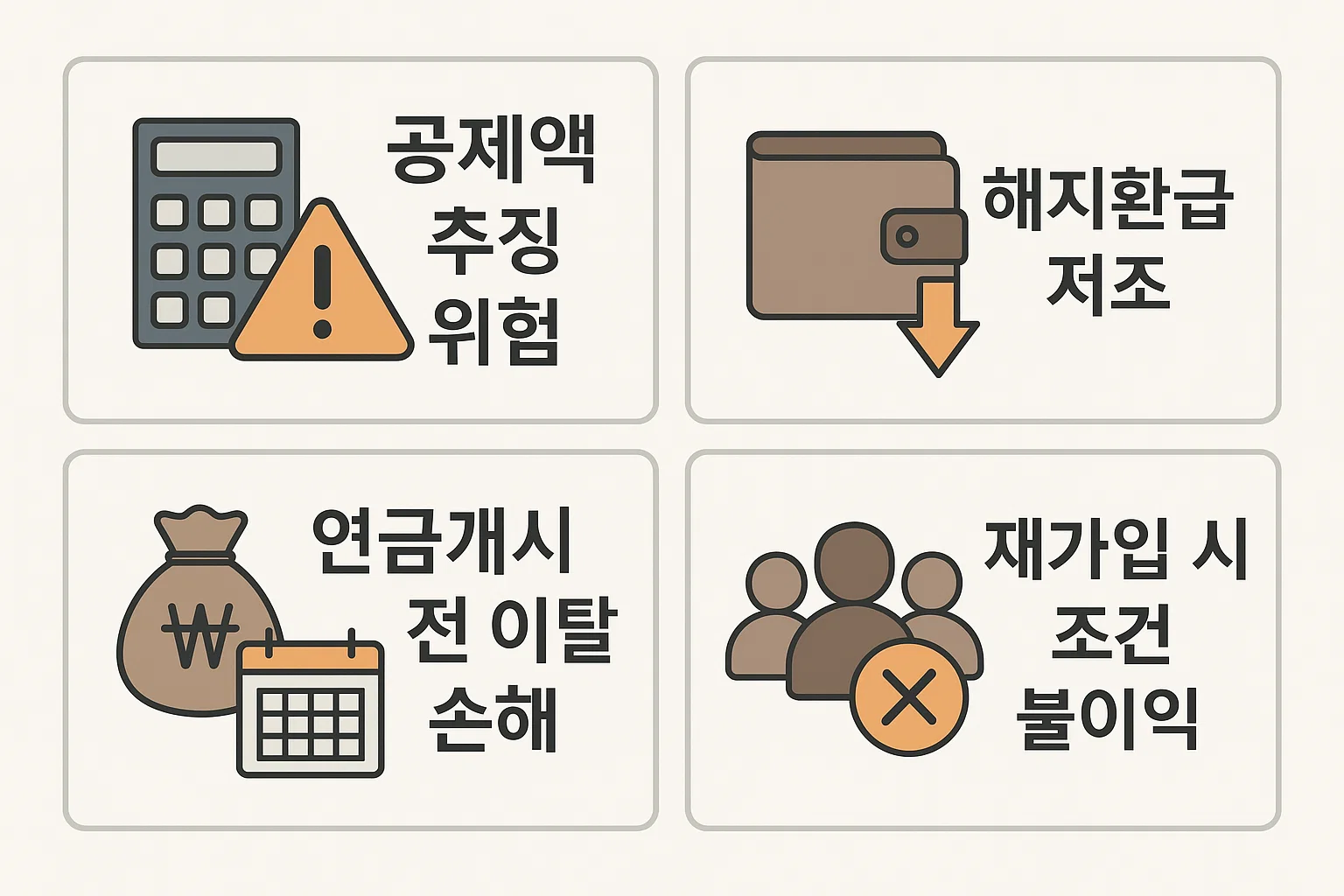 공제액 추징 위험, 해지환급 저조, 연금개시 전 이탈 손해, 재가입 시 불이익 등 중도해지 시 발생할 수 있는 손실 요소를 시각화한 인포그래픽