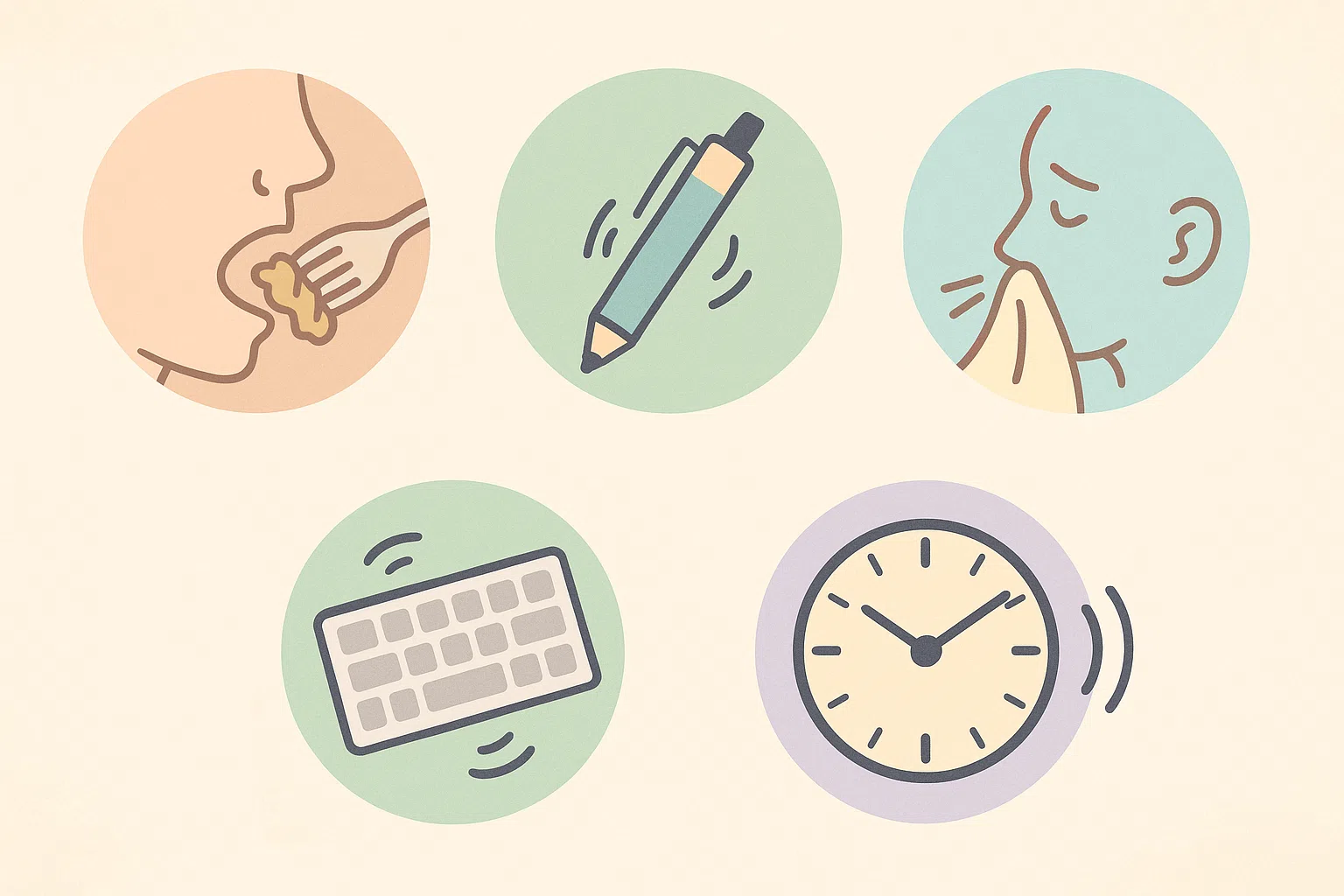 미소포니아를 유발하는 대표 소리들, 음식 씹는 소리, 볼펜 딸깍, 코 훌쩍임, 키보드 타이핑, 시계 초침 소리