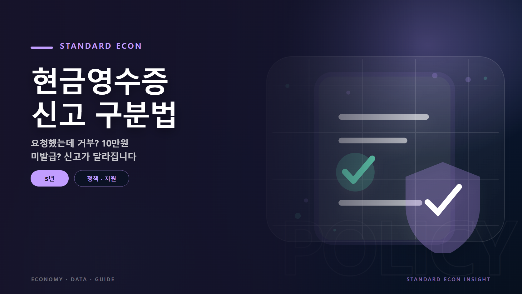 현금영수증 신고 구분법 문구와 정책 문서와 체크, 보호 방패 그래픽 요소를 담은 정책 &middot; 지원 경제 콘텐츠 대표 이미지