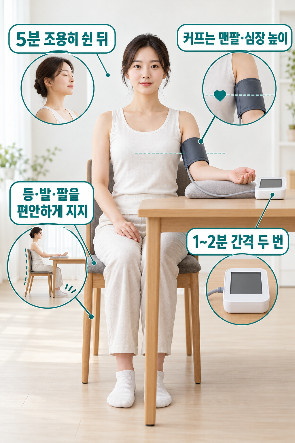 등을 기대고 발을 바닥에 둔 채 팔을 받쳐 심장 높이의 맨팔 커프로 혈압을 재는 자세