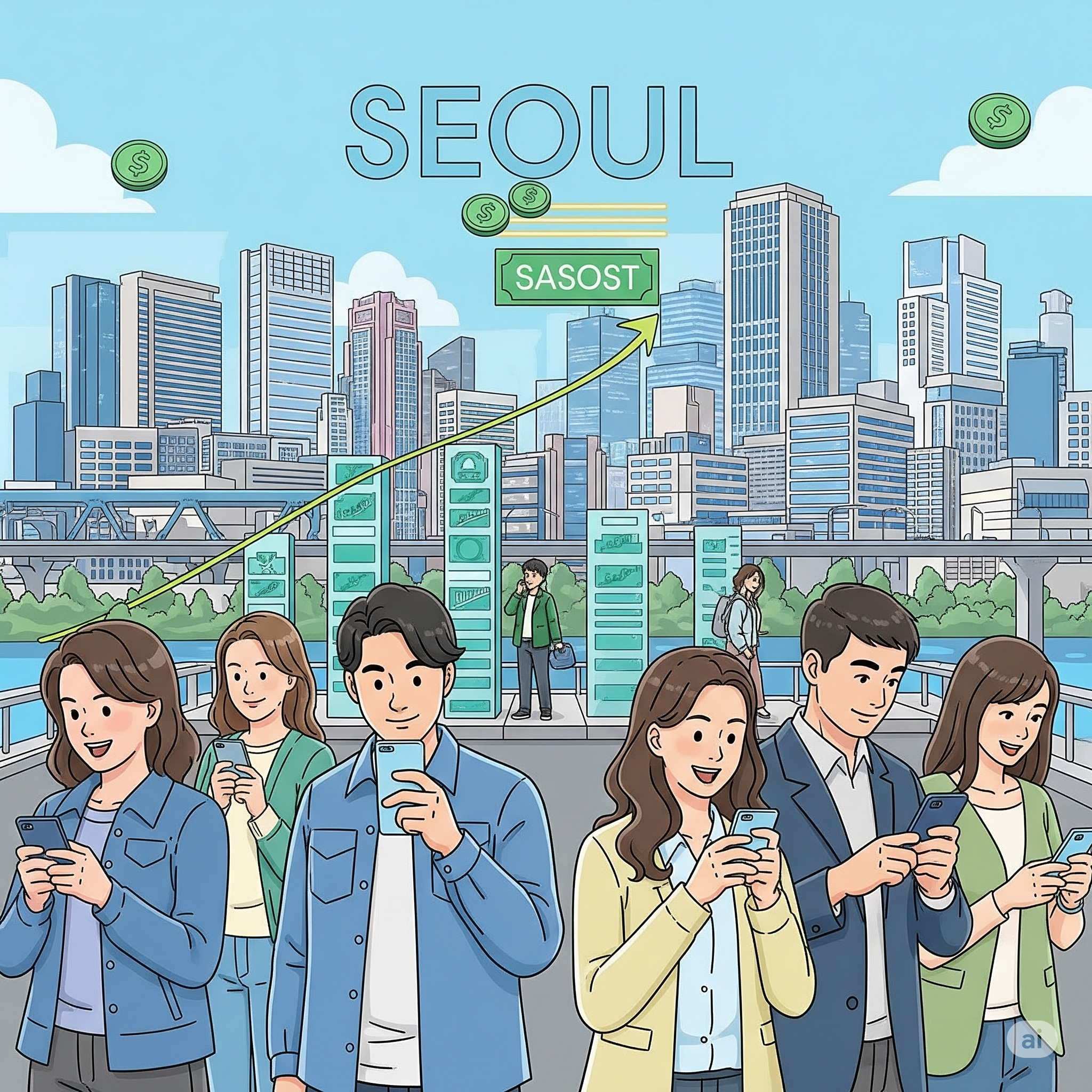 서울 시내에서 스마트폰으로 저축 통장을 확인하며 희망찬 표정을 짓는 청년들의 모습, 희망두배 청년통장 홍보 이미지