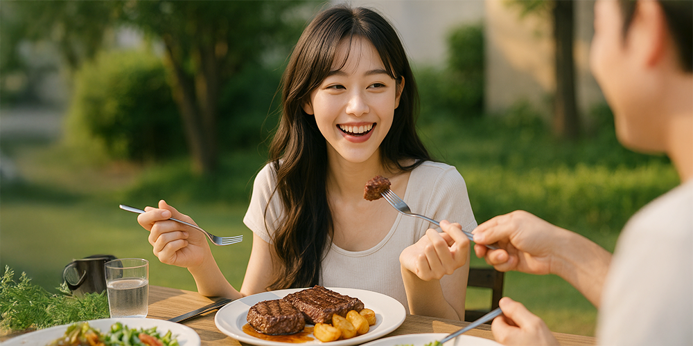 꿈에서 음식을나눠먹으며 기뻐하는 여성