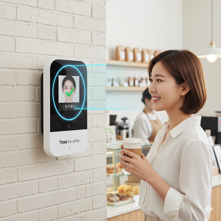 가게에 설치된 토스 페이스페이 얼굴 인식 단말기 모습이에요. 여기에 얼굴을 비추면 결제가 돼요. 이미지