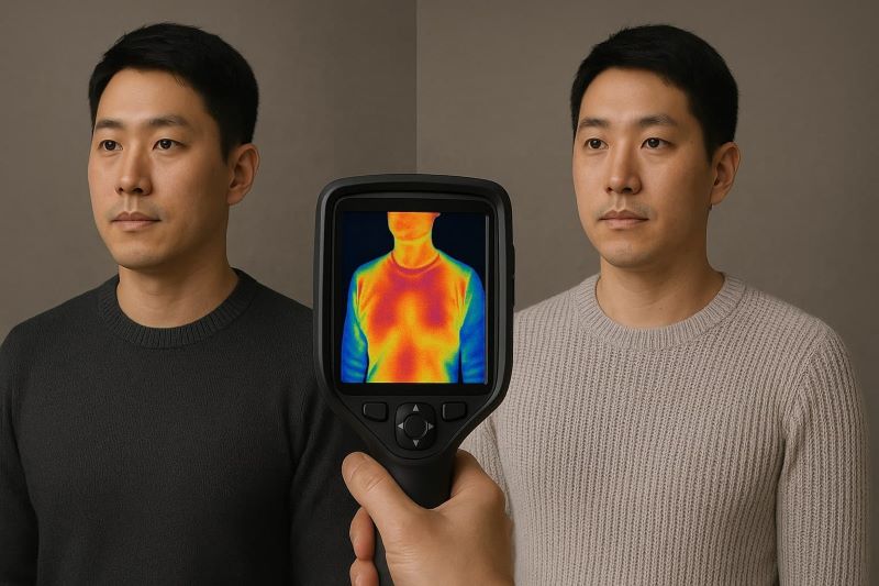 한 남성이 착용한 촘촘한 니트와 성긴 니트의 체온 차이를 열화상 카메라로 비교