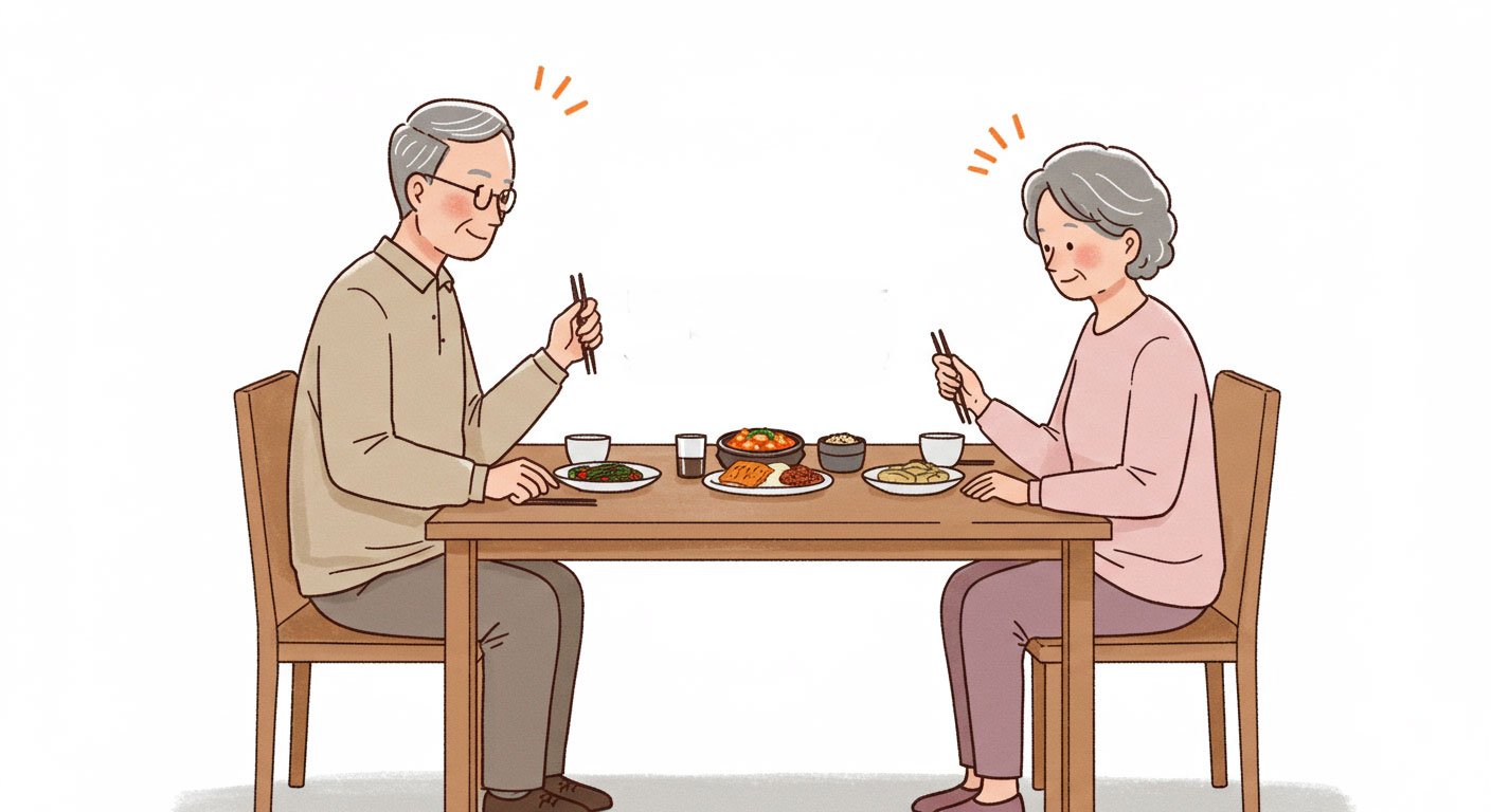 식탁에서 식사하는 시니어 부부의 모습