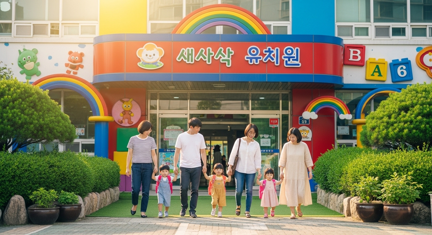 '새싹 유치원'이라고 적힌 다채로운 색상의 유치원 건물 앞에서 세 쌍의 성인과 어린아이들이 손을 잡고 걸어 나오고 있는 모습. 아이들은 작은 가방을 메고 있으며, 배경에는 나무와 잔디가 보입니다. 햇살이 비추는 화창한 날입니다.