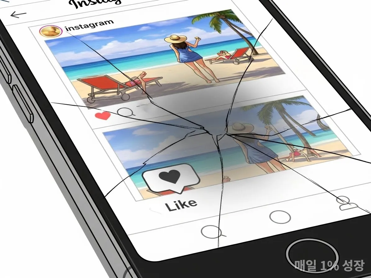 SNS 좋아요와 비교 심리를 나타내는 스마트폰 일러스트