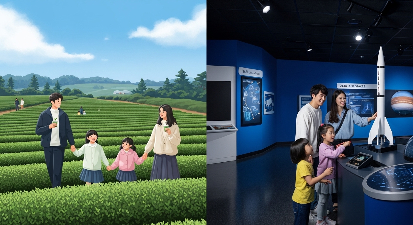 제주 오설록 녹차밭과 제주 항공우주박물관에서 아이와 부모님이 함께 즐거운 시간을 보내는 모습.