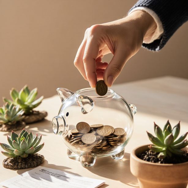 투명한 유리 저금통에 동전을 넣는 손이 따뜻한 조명이 어우러진 장면으로 체계적인 재정 관리를 통해 돈 걱정을 줄이고, 작은 실천들이 모여 큰 변화를 만든다는 메시지를 시각적으로 잘 전달 한다