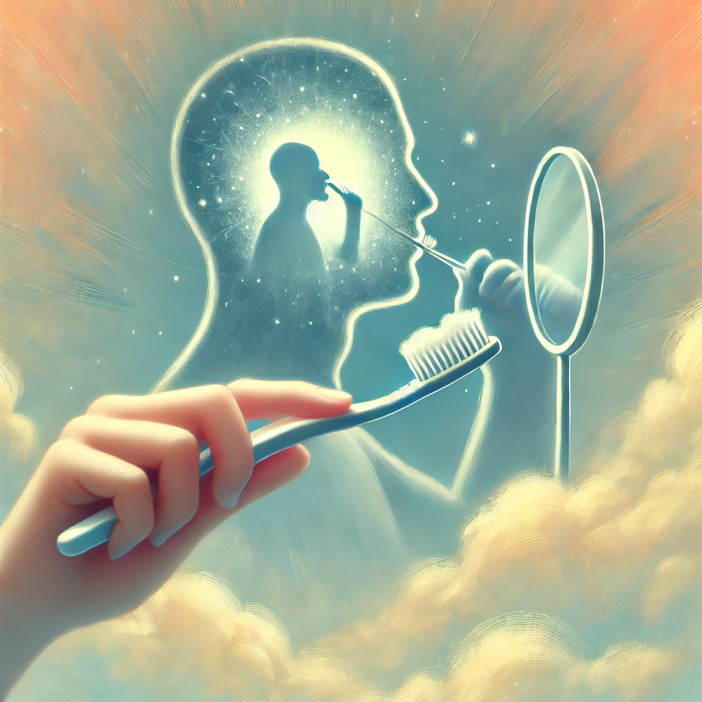 꿈속에서 양치하는 모습을 상징적으로 표현한 일러스트, 심리적 정화를 나타내는 부드러운 분위기의 그림