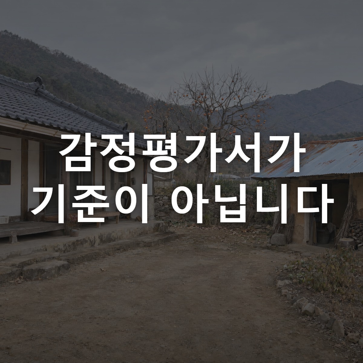 흐린 날 시골 단독주택 마당, 본채와 떨어진 곳에 선 작은 창고