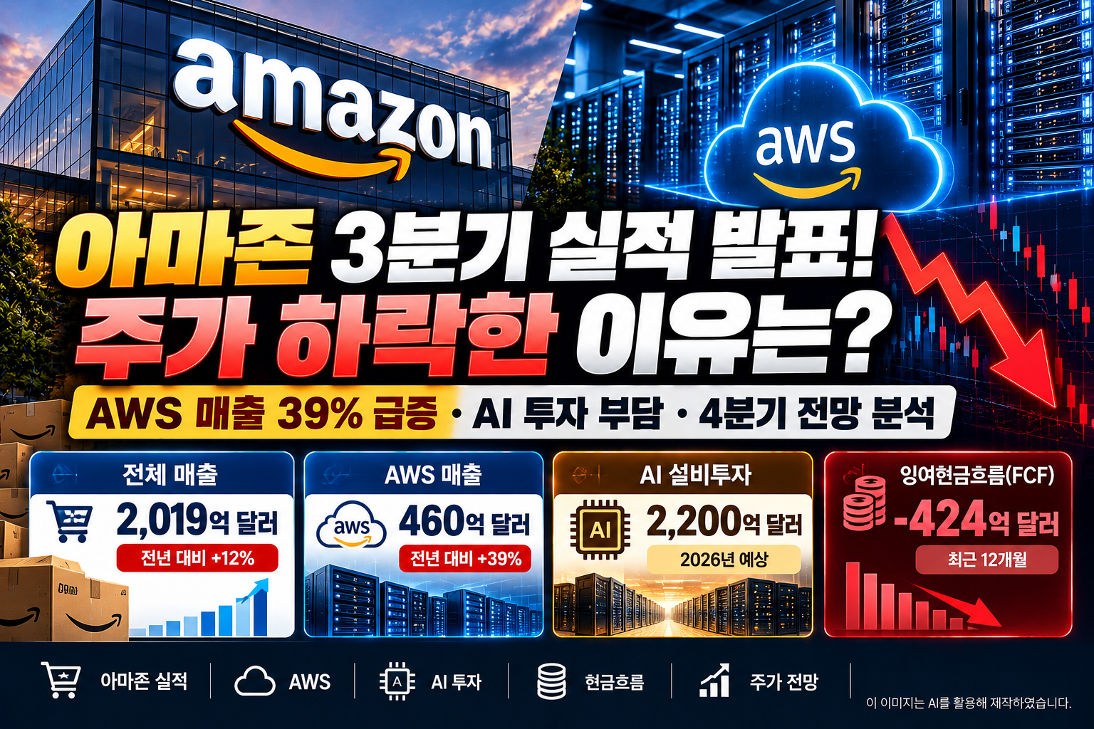 2026년 3분기 아마존 실적 발표에서 AWS 매출이 39% 증가했지만 AI 설비투자 2,200억 달러와 잉여현금흐름 악화로 주가가 하락한 이유를 분석한 이미지