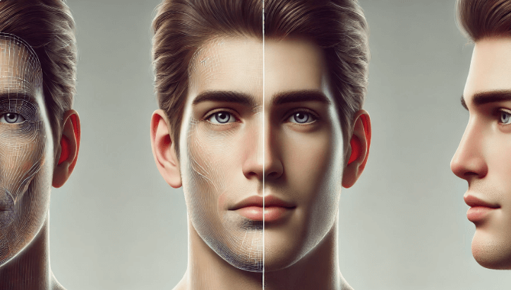 얼굴의 한쪽이 다른 쪽과 미묘하게 비대칭적으로 보이는 남자