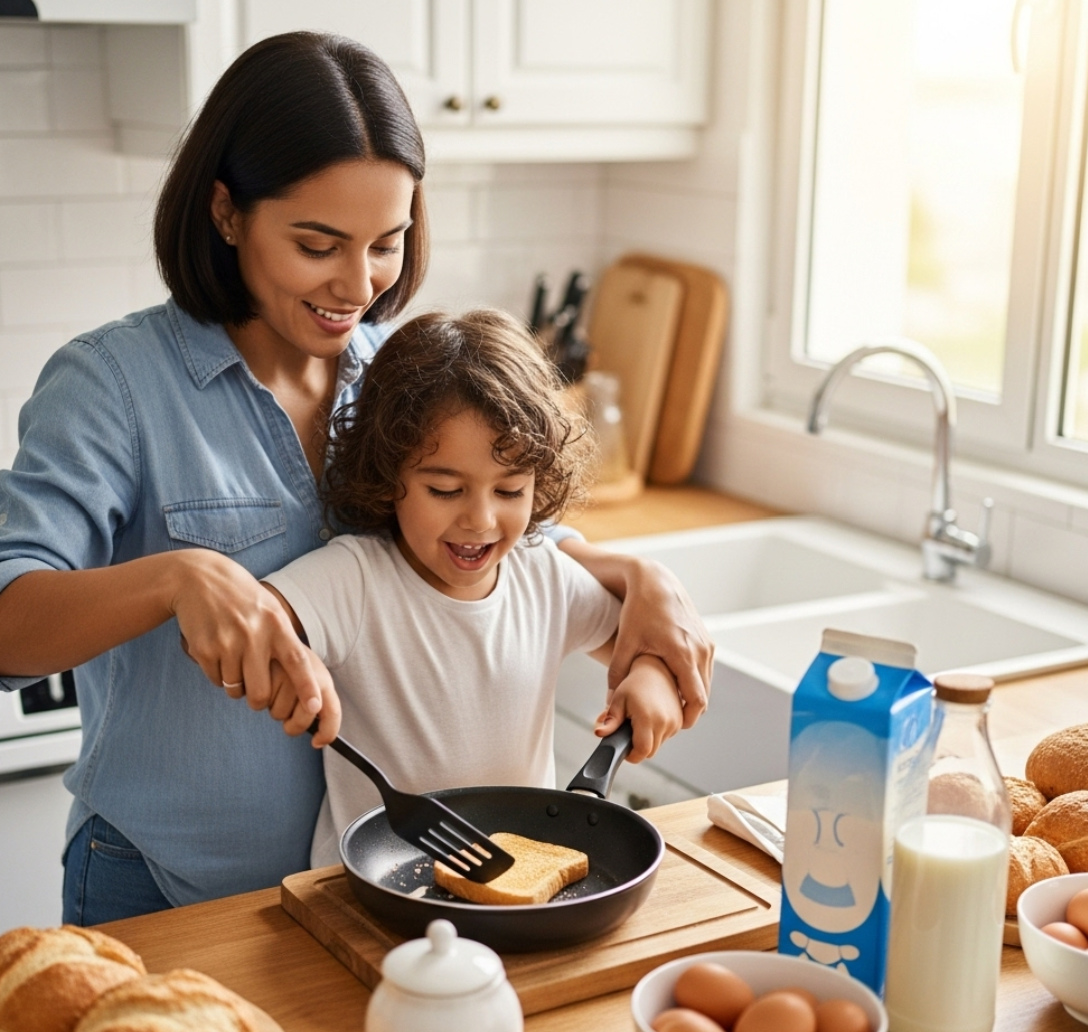 아이랑 엄마가 프라이팬에 토스트를 만들고 있는 사진