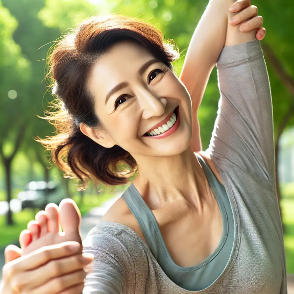 햇살 아래 공원에서 스트레칭하며 미소 짓는 중년 아시아 여성