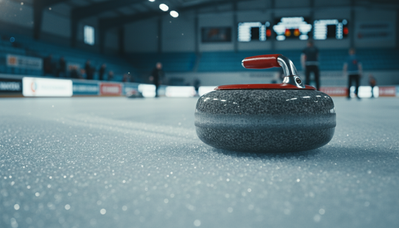 빙판 위를 미끄러져 나가는 컬링 스톤의 클로즈업 사진, 2026년 경기장의 푸른 조명과 얼음의 질감이 생생하게 표현됨