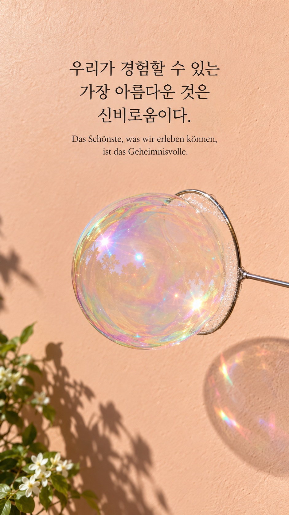 독일어 명언 1 아인슈타인 우리가 경험할 수 있는 가장 아름다운 것은 신비로움이다. — 복숭아색 벽 앞 비눗방울