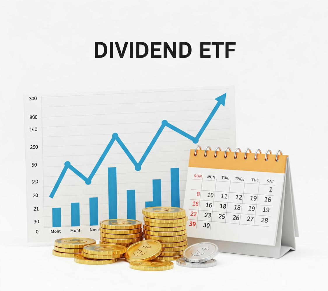 dividend ETF 글자와 상승하는 그래프, 달력, 돈이 있는 이미지