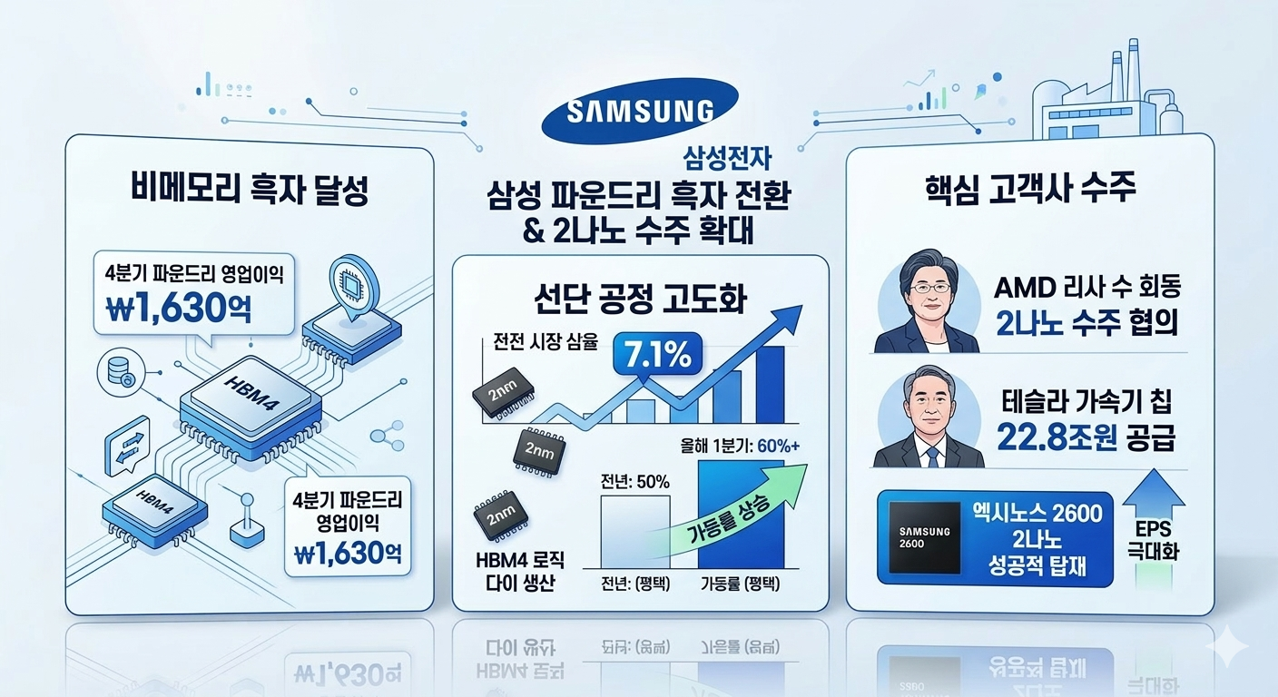Samsung Electronics Foundry's Turnaround, Market Share 7.1% Achievement, Q4 Non-Memory Operating Profit 1,630 Billion Won, 2nm Process Yield Stabilization, HBM4 Production Acceleration