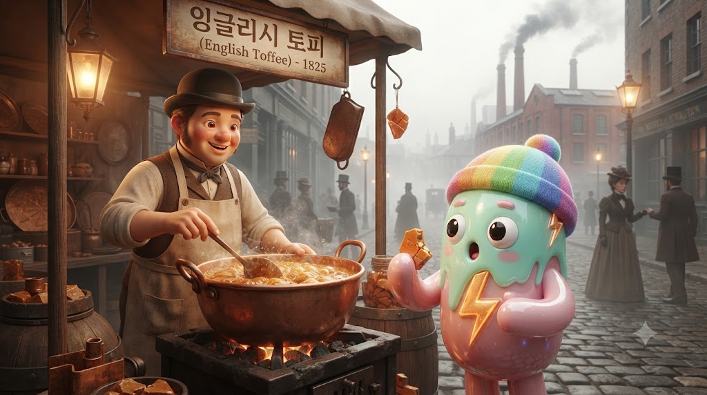 산업혁명기 영국의 허름하지만 활기찬 거리. 19세기 복장을 한 영국인들이 붐비는 시장 한구석에서 구리 냄비에 버터와 설탕을 끓여 하드크랙 상태로 만드는 '잉글리시 토피' 제조 과정을 지켜보고 있습니다. 쫀쿠가 호기심 어린 눈으로 갓 만들어진 딱딱한 토피 조각을 맛보고 있습니다.