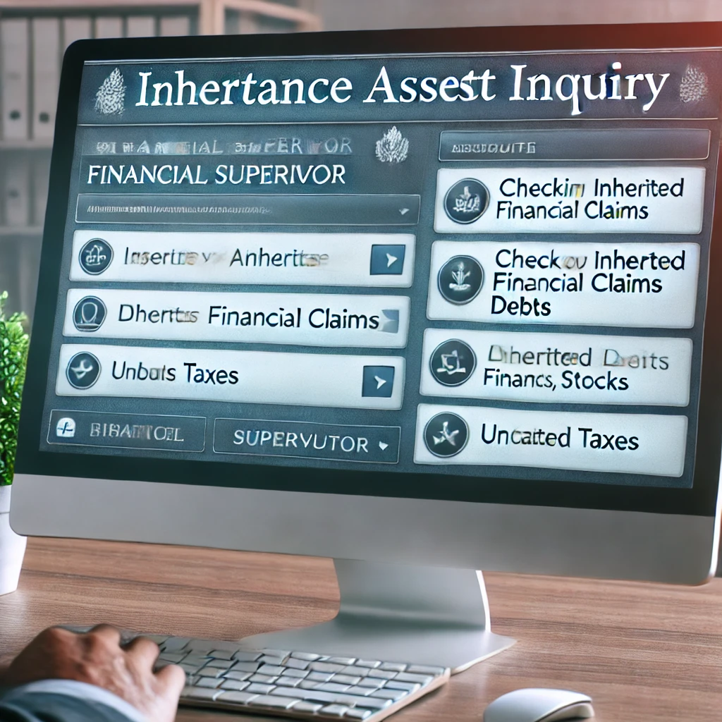 "상속 재산을 조회하는 컴퓨터 화면": 컴퓨터 모니터에서 금융감독원의 상속 재산 조회 서비스 화면을 보고 있는 장면.