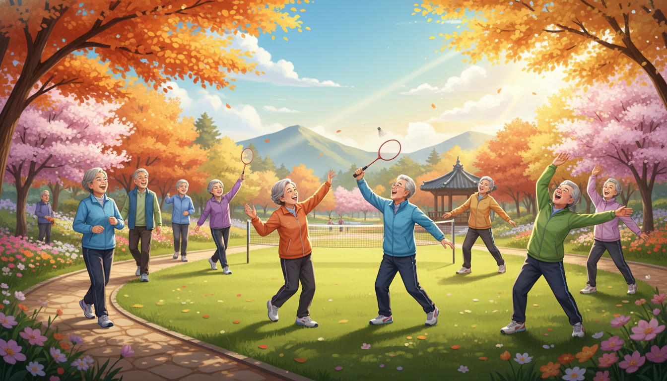 2026년 어르신 스포츠 상품권으로 활기찬 운동을 즐기는 행복한 노년층의 모습.