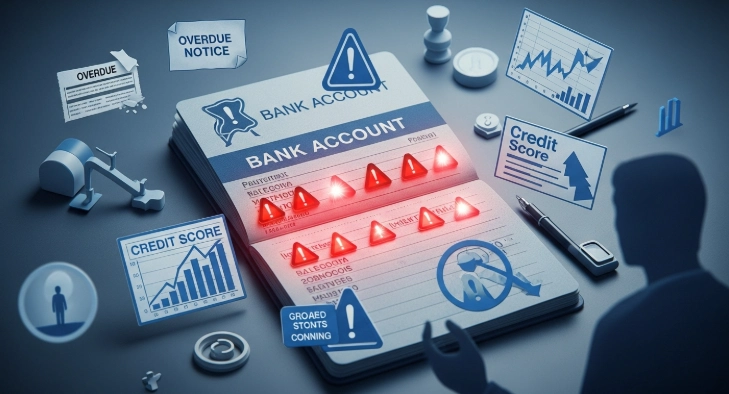 2025년 통장 압류 경고등이 켜진 통장과 법률 서류, 떨어지는 신용 점수 그래프가 보이는 긴박한 금융 위기 상황.
