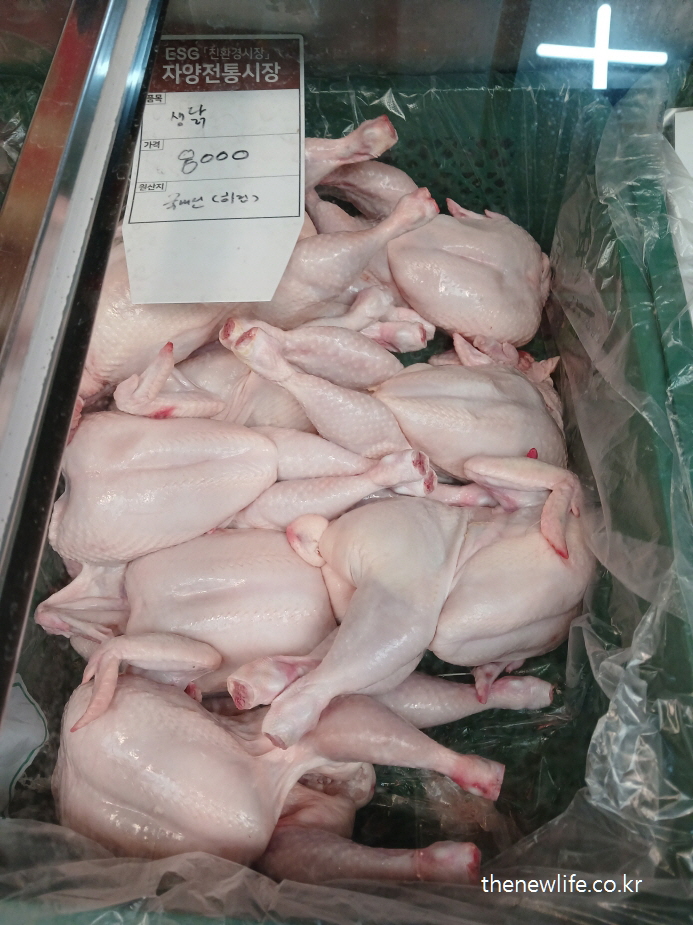 재래시장 진열대에 놓인 신선한 생닭 – 삶아서 소금간으로 섭취한 단백질 식품으로 뱃살 빼는 음식으로 소개