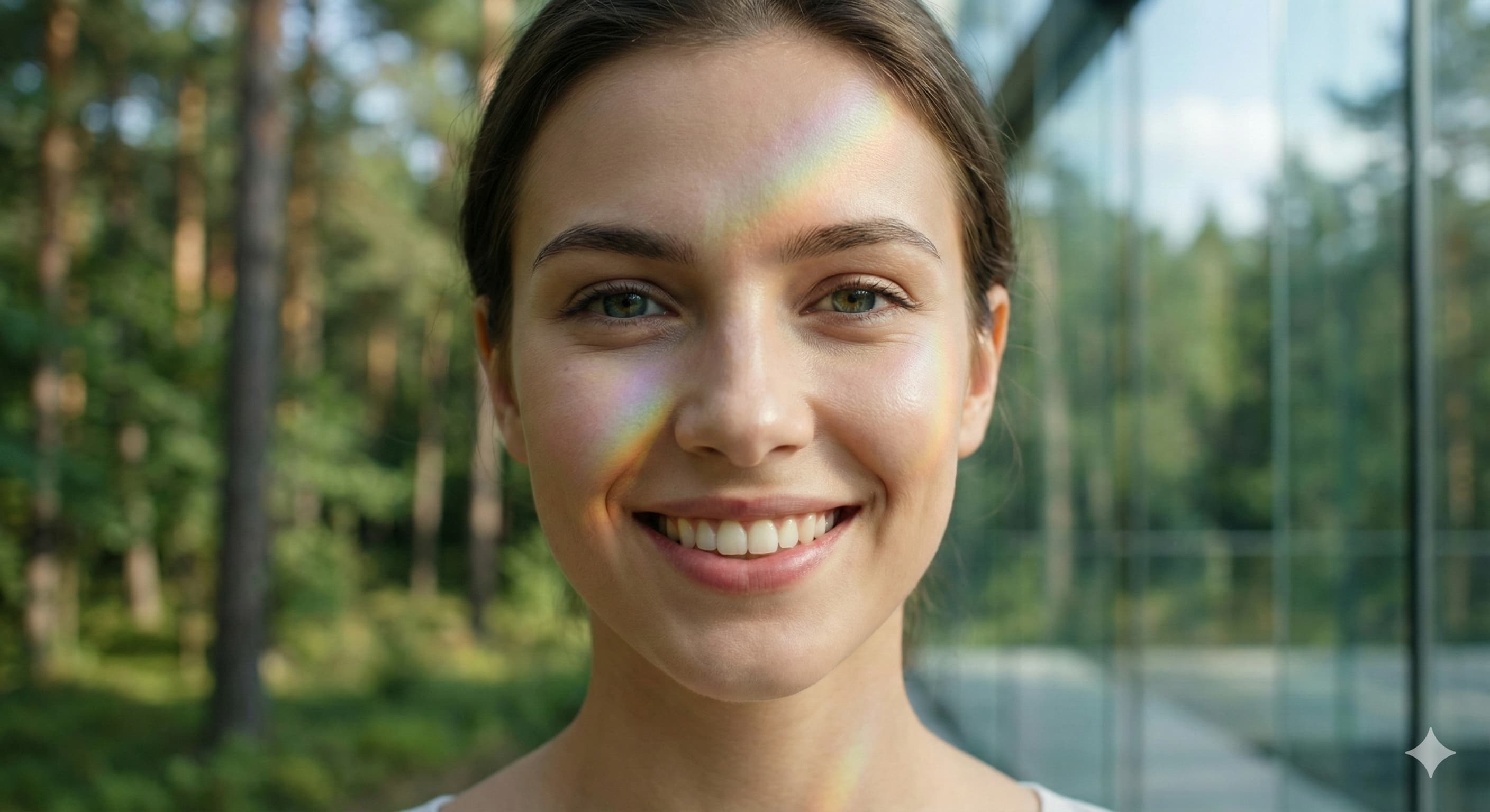 프리즘 빛을 받으며 환하게 미소 짓는 여성 모델, 퍼스널 컬러의 다채로움을 상징하는 썸네일 이미지