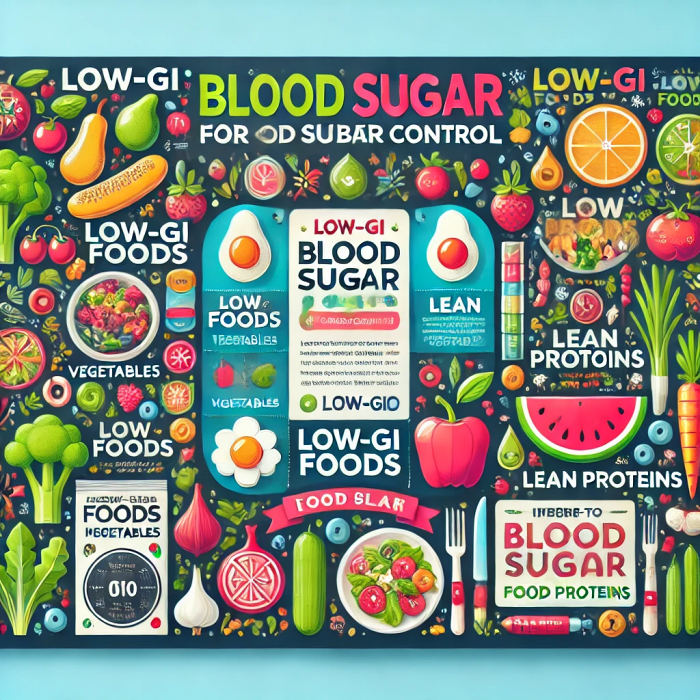 혈당 조절을 위한 건강한 식단 구성, 저혈당지수(GI) 식품과 채소, 단백질을 강조하는 인포그래픽.