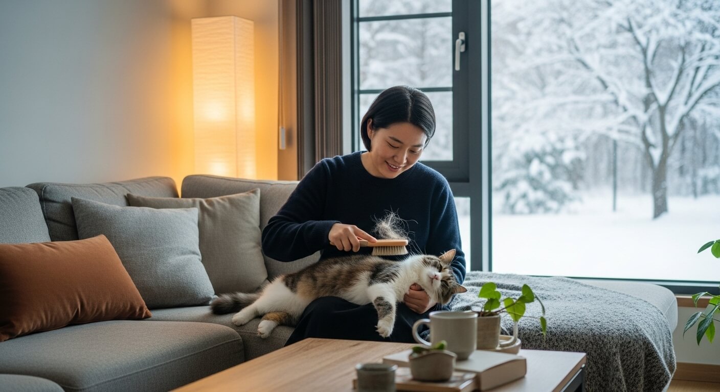눈 내리는 창밖을 배경으로 한국 사람이 소파에 앉아 반려묘를 부드럽게 빗질해주며 교감하는 모습