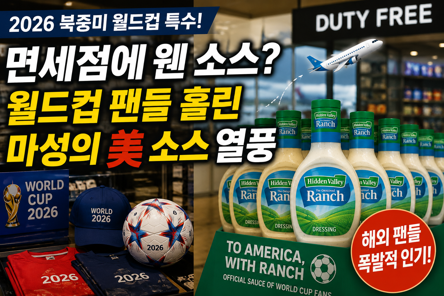 2026 북중미 월드컵을 찾은 해외 축구 팬들이 미국 공항 면세점에서 랜치 소스를 구매하는 모습을 표현한 이미지