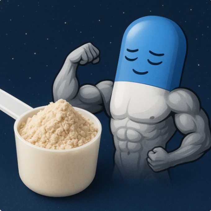 어두운 침실에서 단백질 보충제 셰이커를 베개처럼 안고 평화롭게 잠든 사람의 모습, 따뜻한 조명 아래 편안하고 고요한 분위기