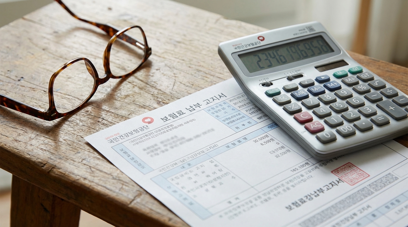 장기요양보험료와 본인부담금 계산을 위해 책상 위에 놓인 계산기와 고지서 서류
