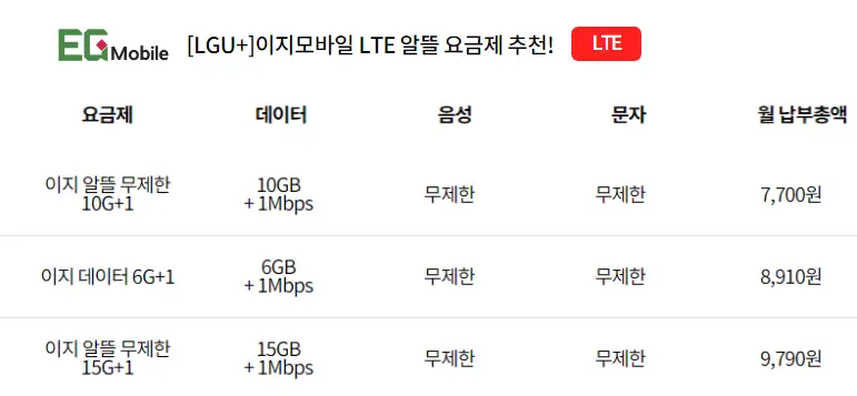 이지(EG)모바일-알뜰폰-전화,문자-무제한-요금제-비교및추천