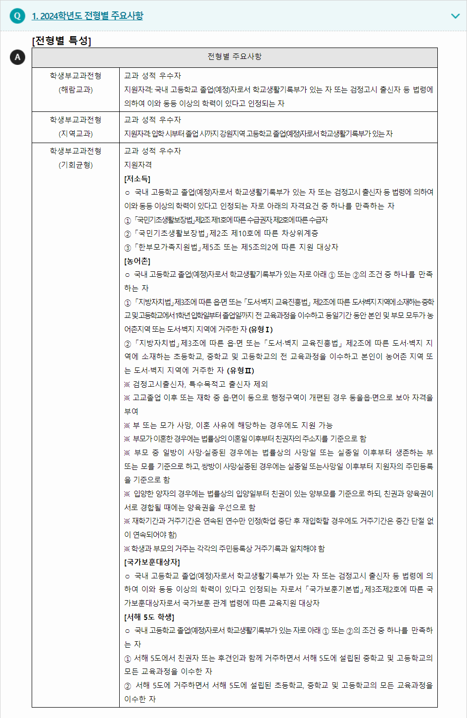 2024학년도 강릉원주대학교 학생부교과전형 전형별 주요사항